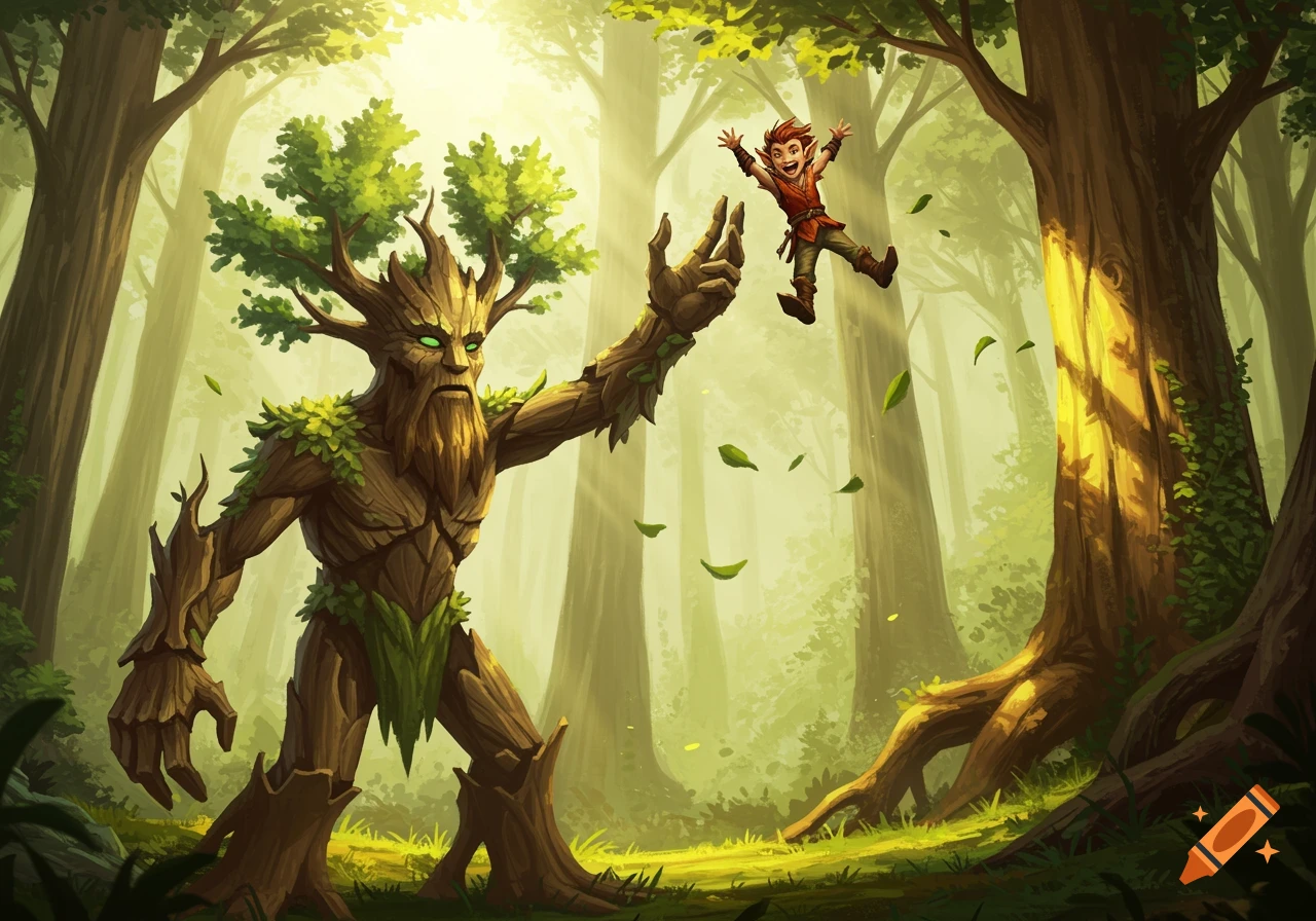 A large treeman with glowing green eyes reaches towards a small, leaping halfling in a sunlit fantasy forest.