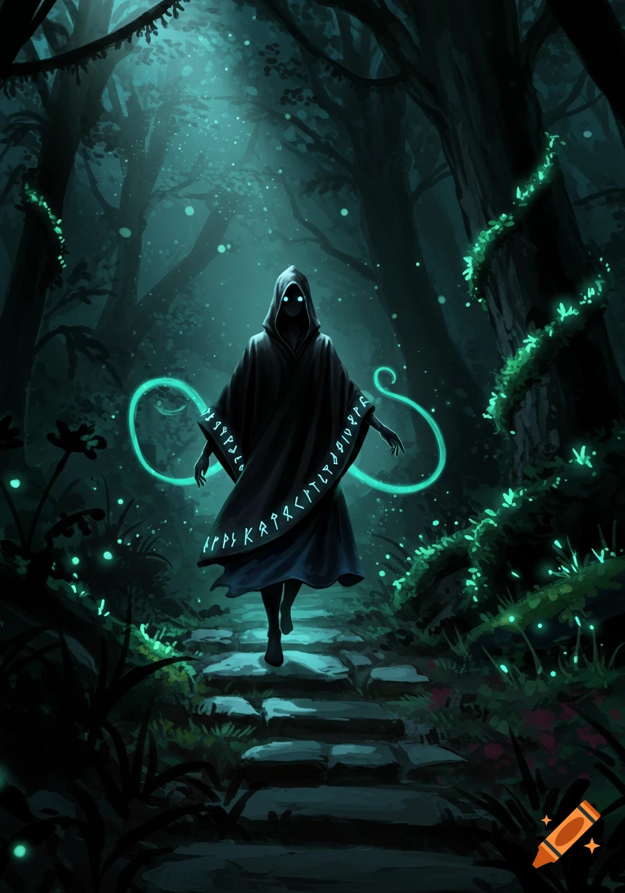 A cloaked figure with glowing eyes and luminous trails walks on a stone path through a dark, mystical forest.