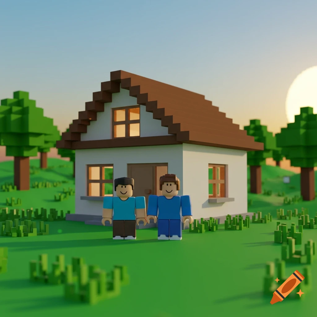 A Roblox-style guest and a bacon-hair character stand in front of a blocky house at sunset.