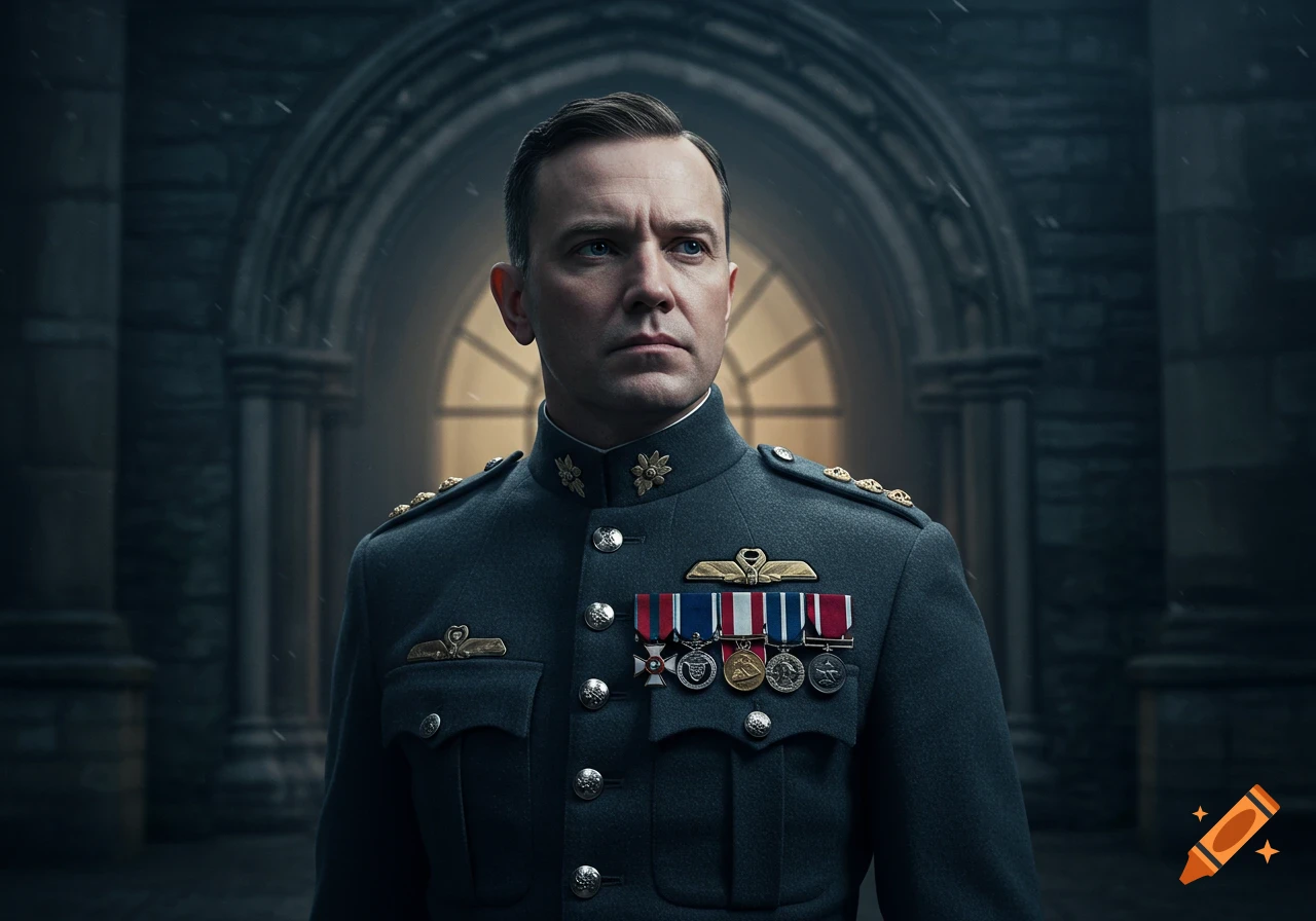 Photorealistic portrait of a serious man in a dark blue military uniform with medals, standing in a dimly lit stone archway.