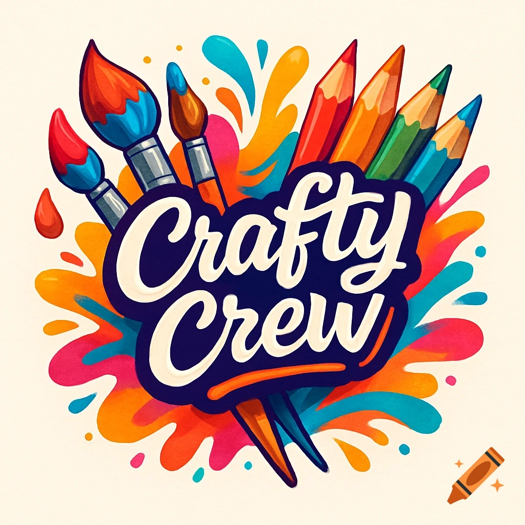 A colorful logo featuring paintbrushes and pencils, with the words 'Crafty Crew' in the center.