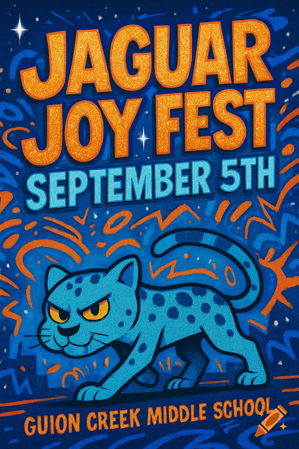 Colorful cartoon-style poster for the Jaguar Joy Fest on September 5th at Guion Creek Middle School, featuring a blue jaguar mascot.