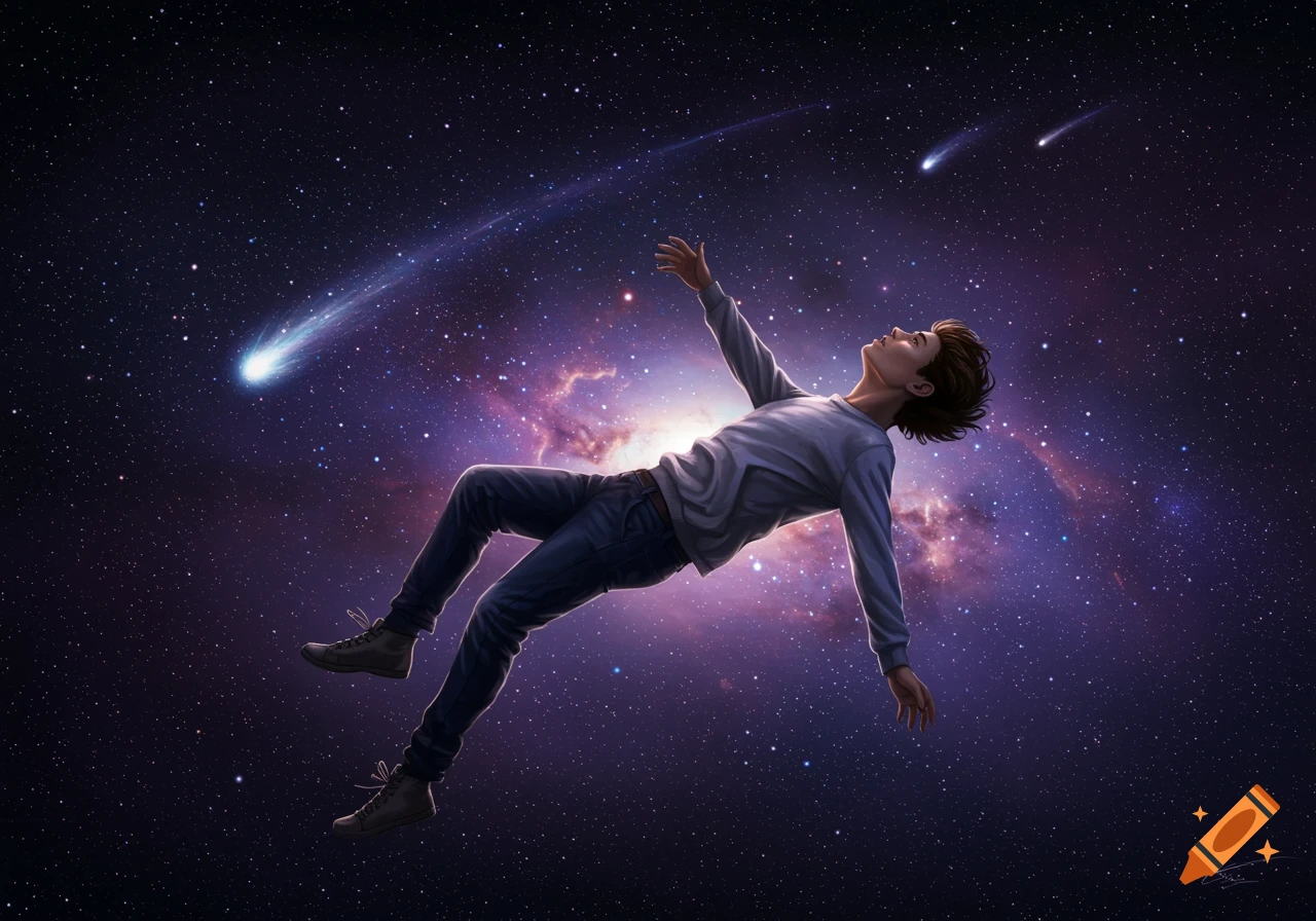 A young man floats in a starry cosmic background with nebulas and comets, reaching his hand up.