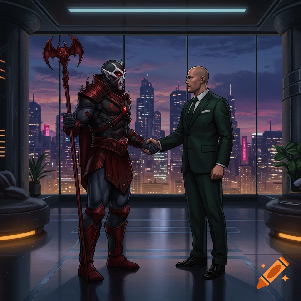 Hordak and Lex Luthor shaking hands in a modern office overlooking a city skyline at dusk, comic art style.