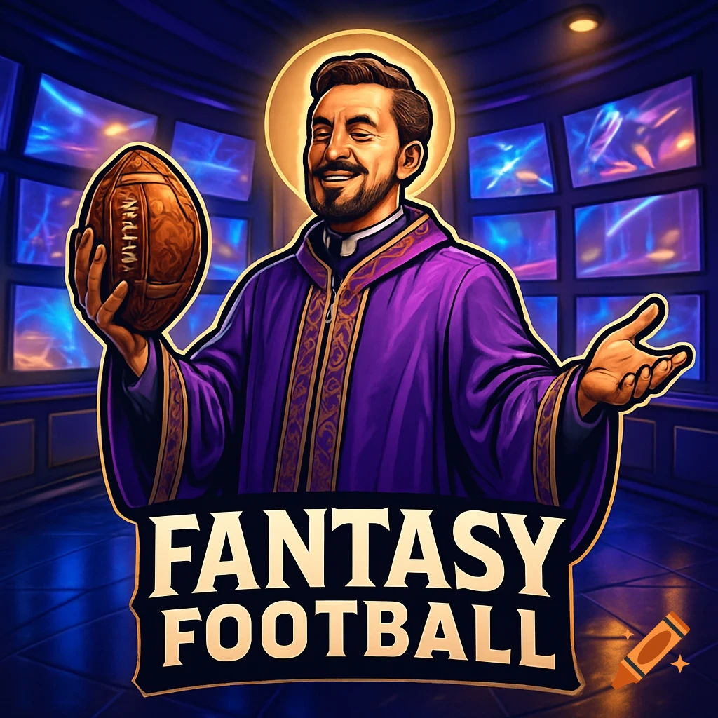 Vibrant illustration of a smiling pastor in purple robes holding a football with a halo and text 'FANTASY FOOTBALL'.