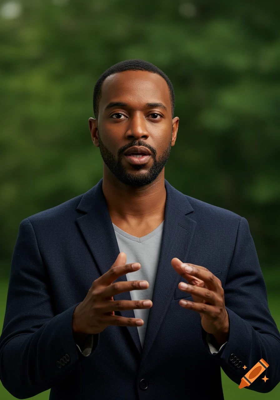 A photorealistic portrait of a man in a navy blazer gesturing, against a blurred green background.