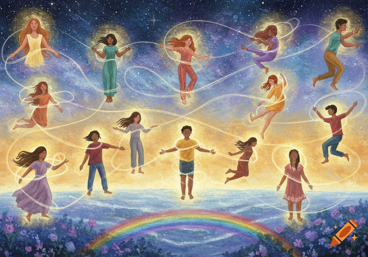 Illustrated scene of diverse people floating in a starry sky, connected by glowing lines, above a rainbow and flowers.