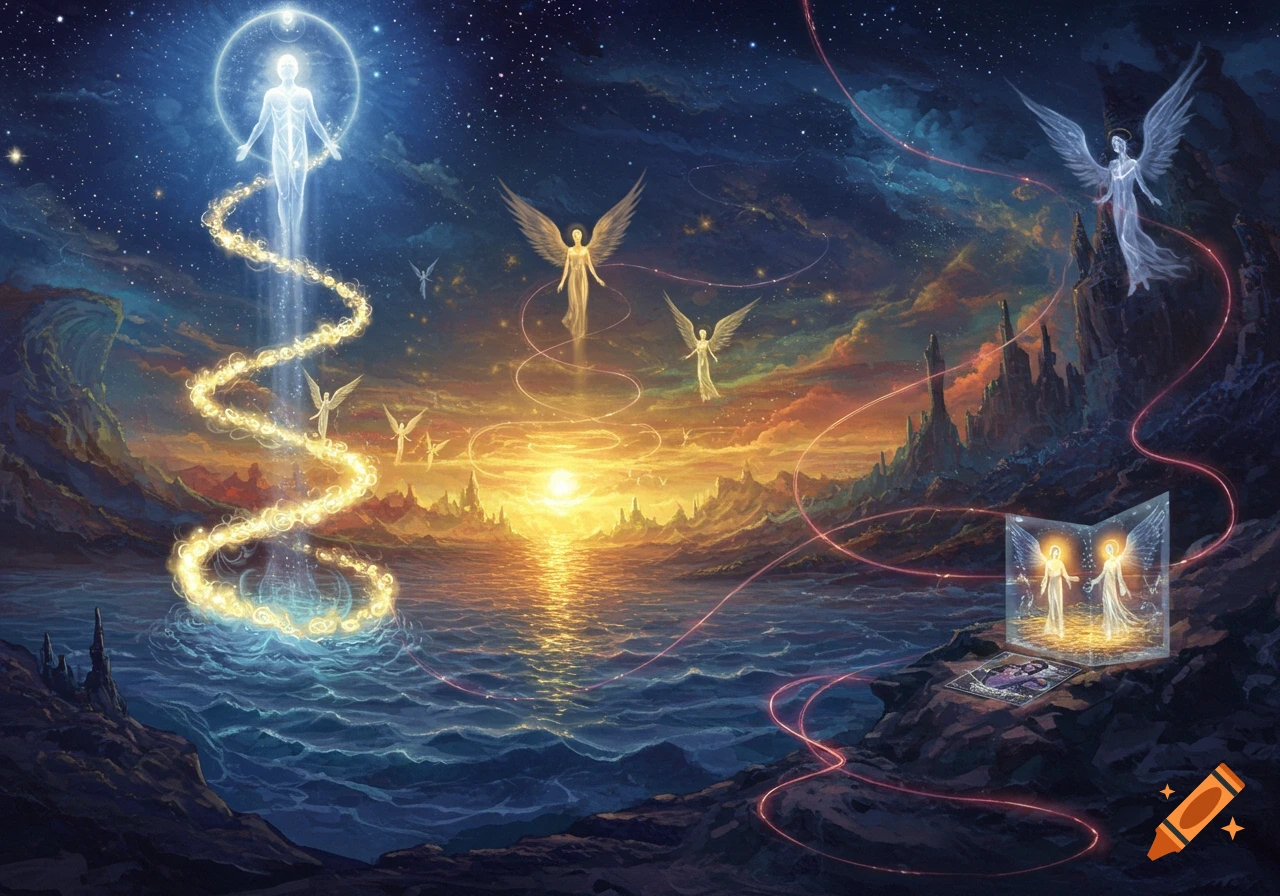 A luminous spiritual scene with a glowing figure rising from water, connected by a path of light, and several angels flying in a cosmic landscape with a sunset.