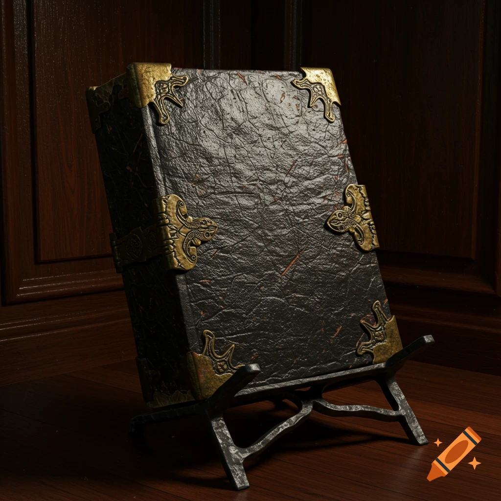 A dark, ancient-looking book with ornate brass clasps and a textured cover, resting on a wrought iron stand in a dimly lit room.