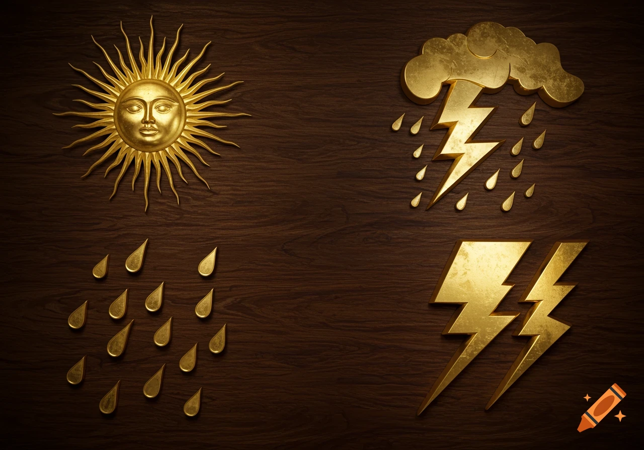 Golden metal symbols of sun, cloud with rain, rain drops, and lightning bolts on a dark wooden background.