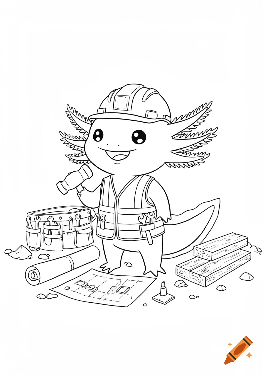 A cute axolotl in a hard hat and safety vest holds a hammer amidst construction tools, in black and white line art.