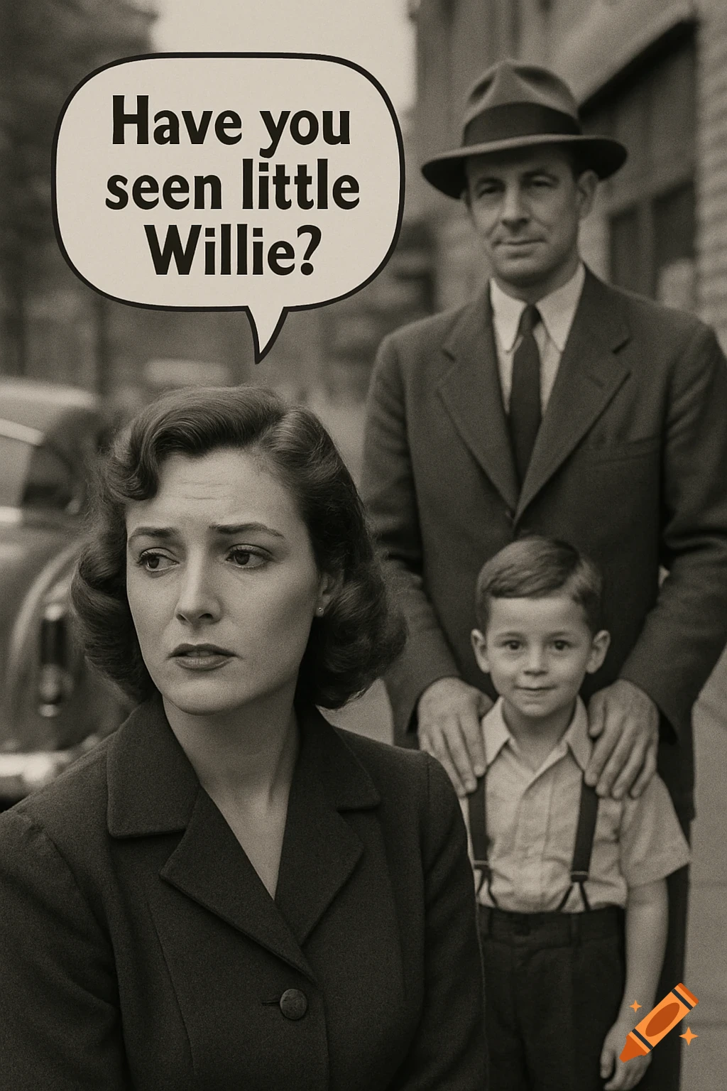 Black and white 1950s photo of a distressed woman with a speech bubble saying "Have you seen little Willie?". Behind her, a man stands with hands on a small boy's shoulders.