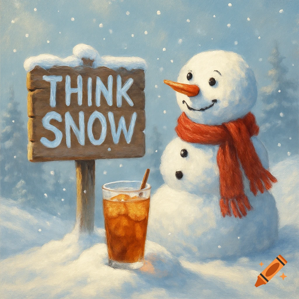 A friendly snowman with a red scarf next to a "THINK SNOW" sign and iced tea, with falling snow in a painterly style.