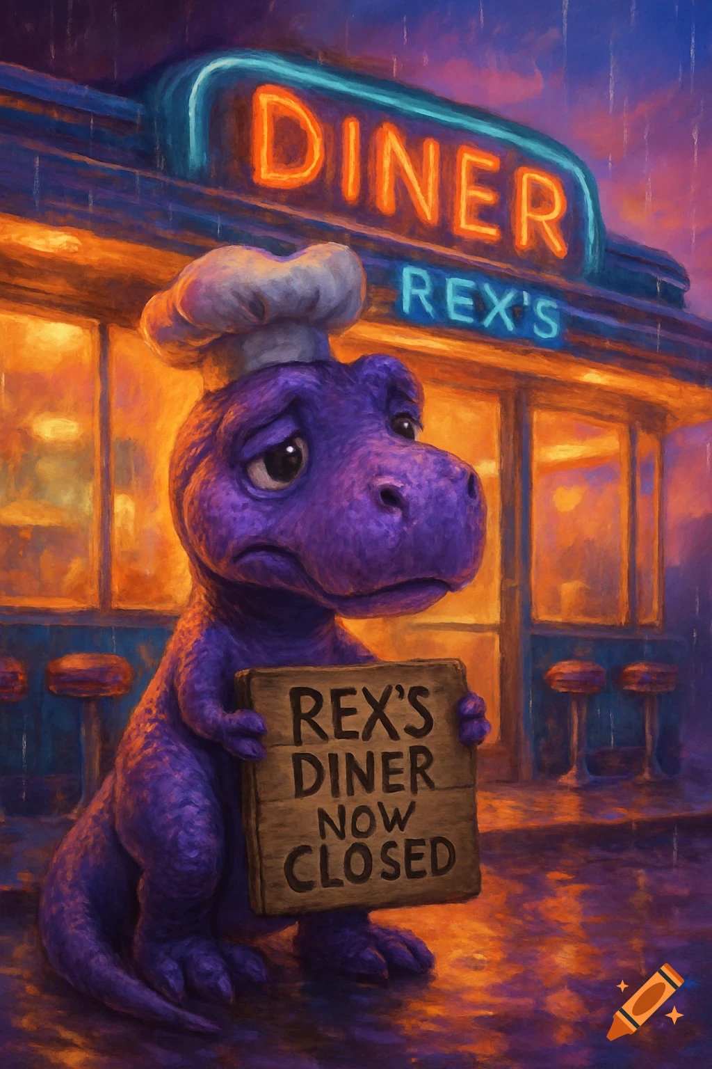 A sad purple T-Rex chef holds a 'Rex's Diner Now Closed' sign outside a neon diner in the rain, painted.