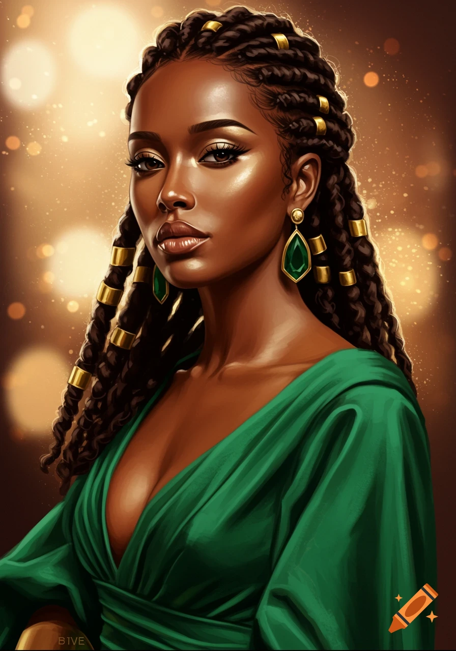 Close-up digital oil painting of a stunning woman with braided hair, gold cuffs, emerald green gown, and glowing background.