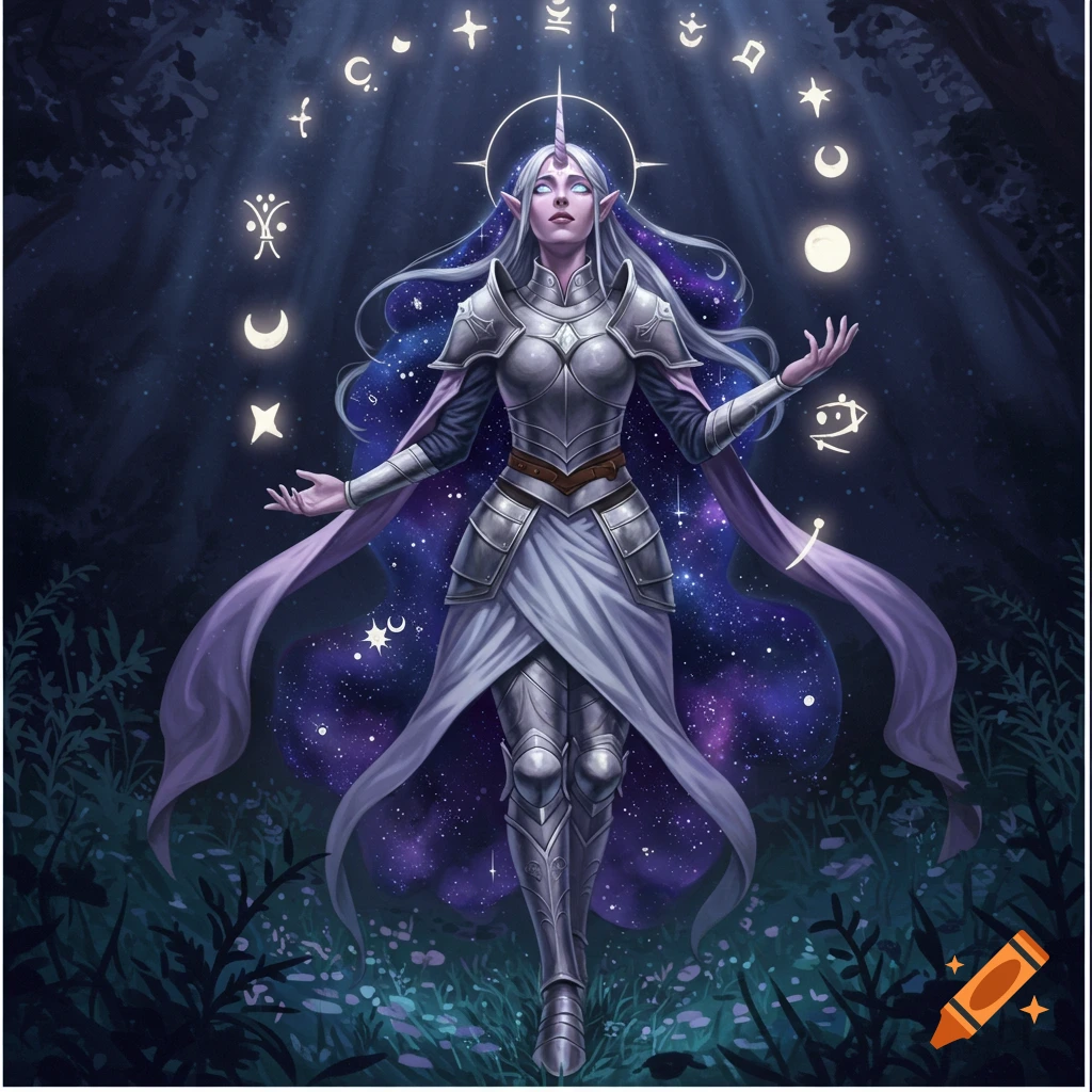 A fantasy character with a unicorn horn and starry cape, wearing armor, stands in a dark forest surrounded by glowing celestial symbols.