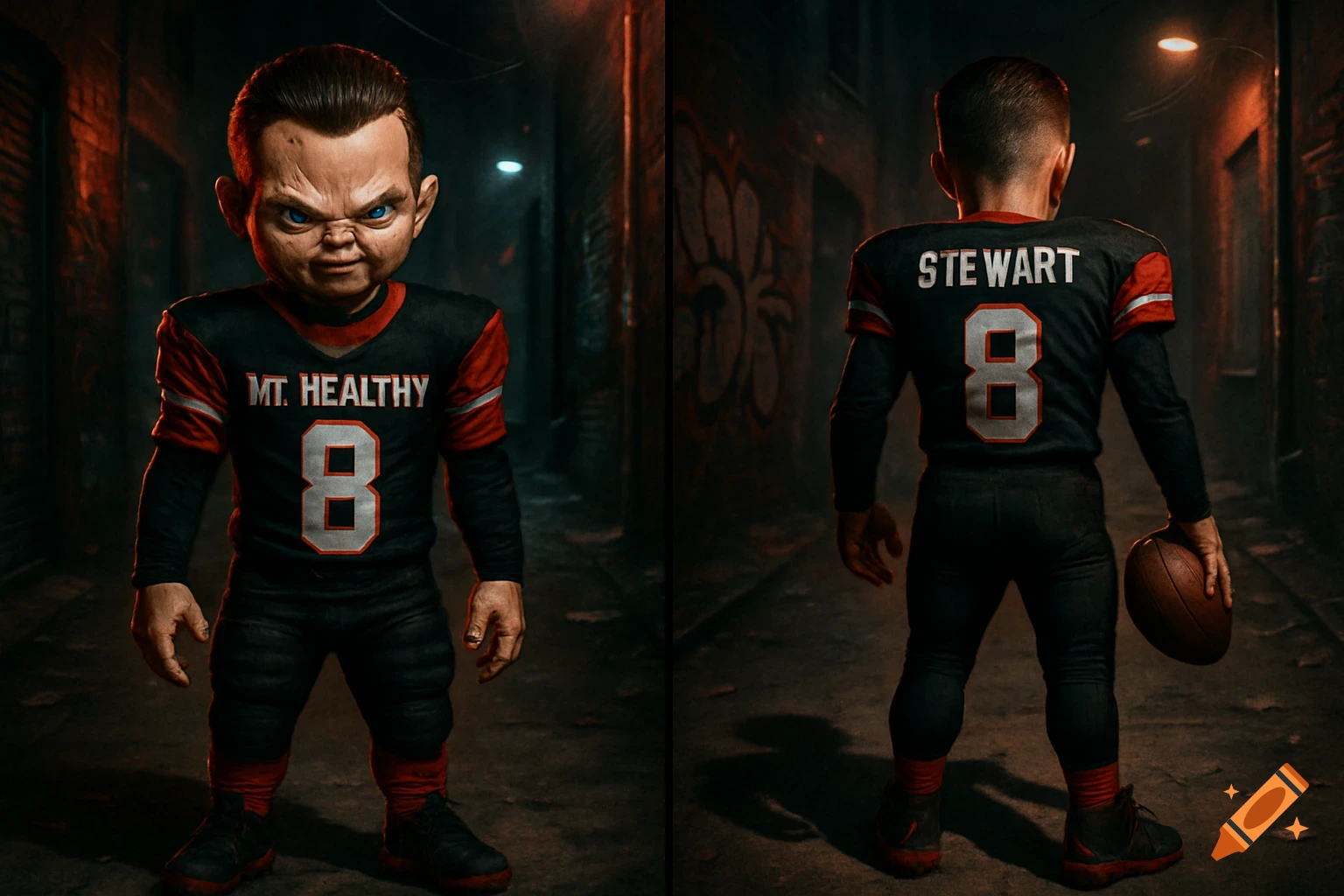 Front and back views of a doll-like figure resembling Chucky in a black and red football uniform with the number 8, holding a football, in a dark alley.