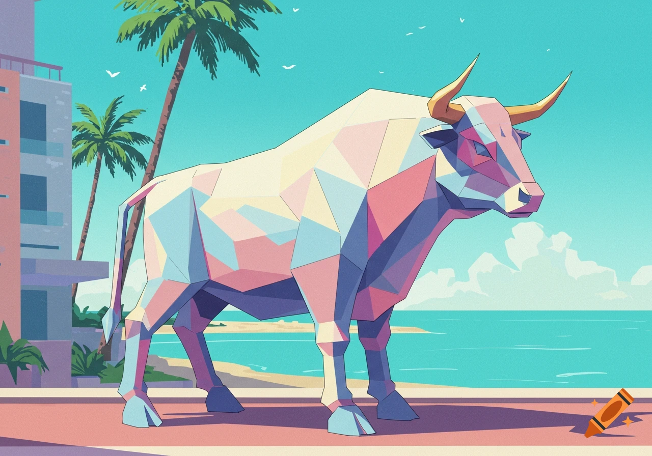 A pastel geometric bull stands on a boardwalk by a turquoise sea with palm trees and retro architecture in a Hiroshi Nagai style.