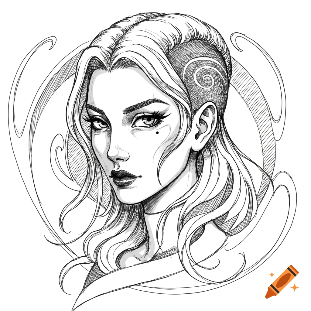 A black and white sketch portrait of a woman with long wavy hair, bold eyeliner, and one side of her head shaved with a spiral design.