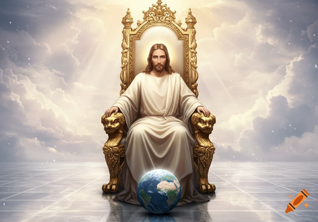 Jesus sits on a majestic golden throne, hands resting on its armrests, with the Earth positioned as his footstool in a heavenly, cloud-filled sky.
