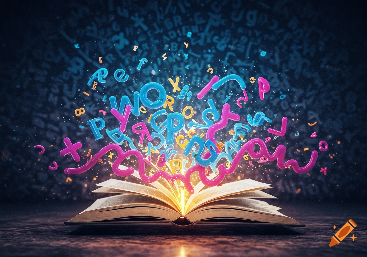 An open book with glowing light from its pages, from which colorful, glossy 3D letters and symbols explode upwards against a dark, blurry background of more faint letters.