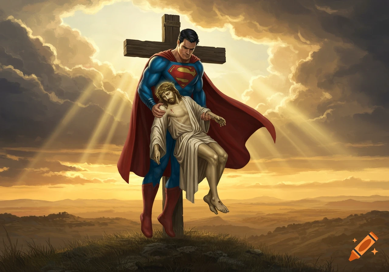 Superman holds a crucified Jesus Christ in front of a cross at sunset with light rays, in a detailed illustration.