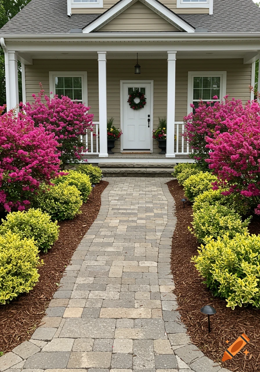 A stone path leads to the front porch of a house with vibrant pink and yellow-green flowering shrubs and dark brown mulch.