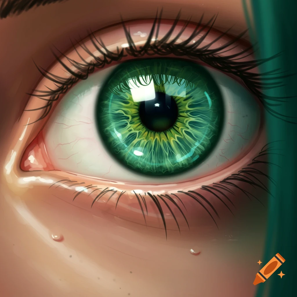 A close-up anime-style eye with a vibrant green iris featuring an intricate, reflective pattern.