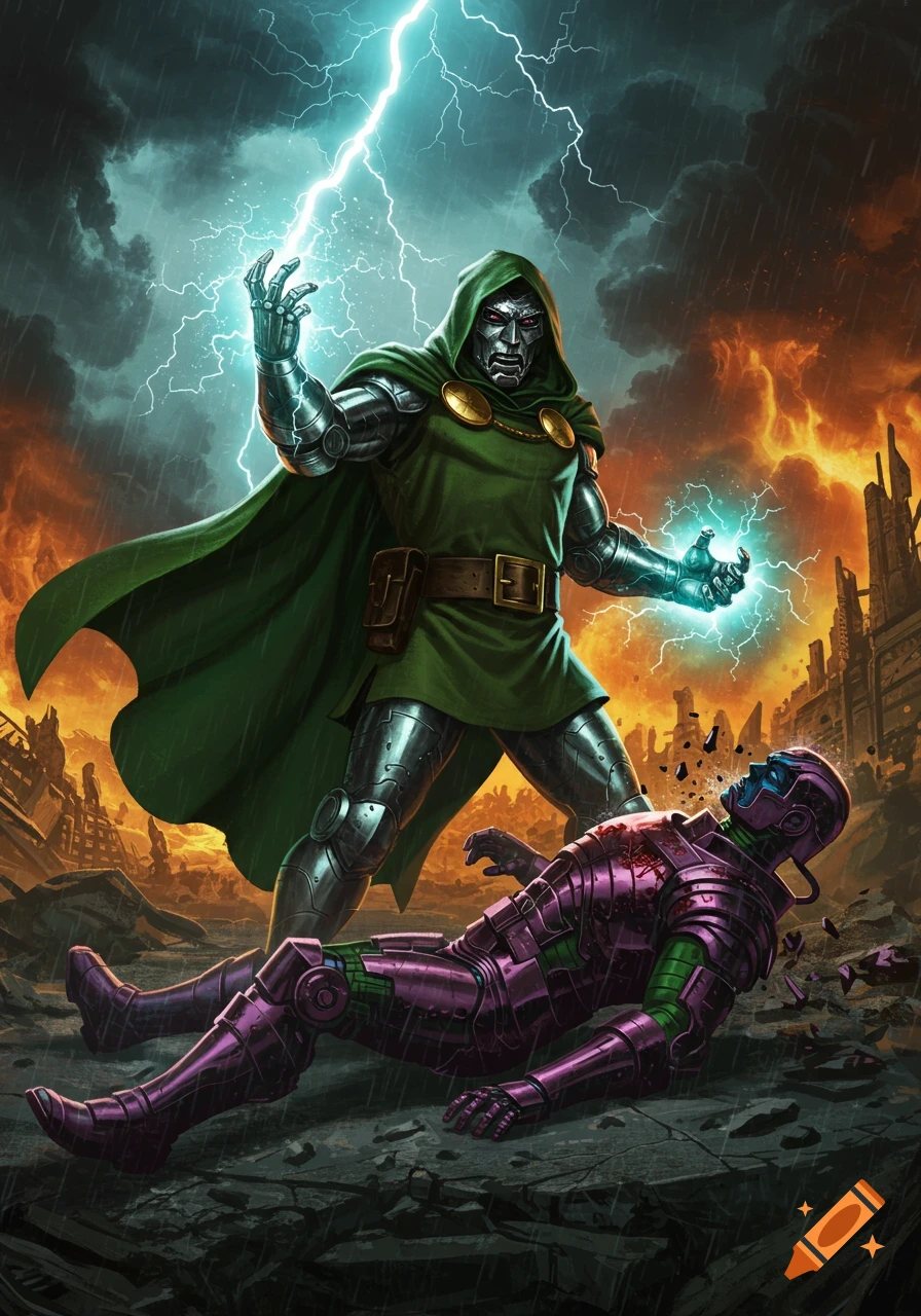 Doctor Doom stands triumphantly over a defeated Kang amidst lightning and rubble in a comic book art style.