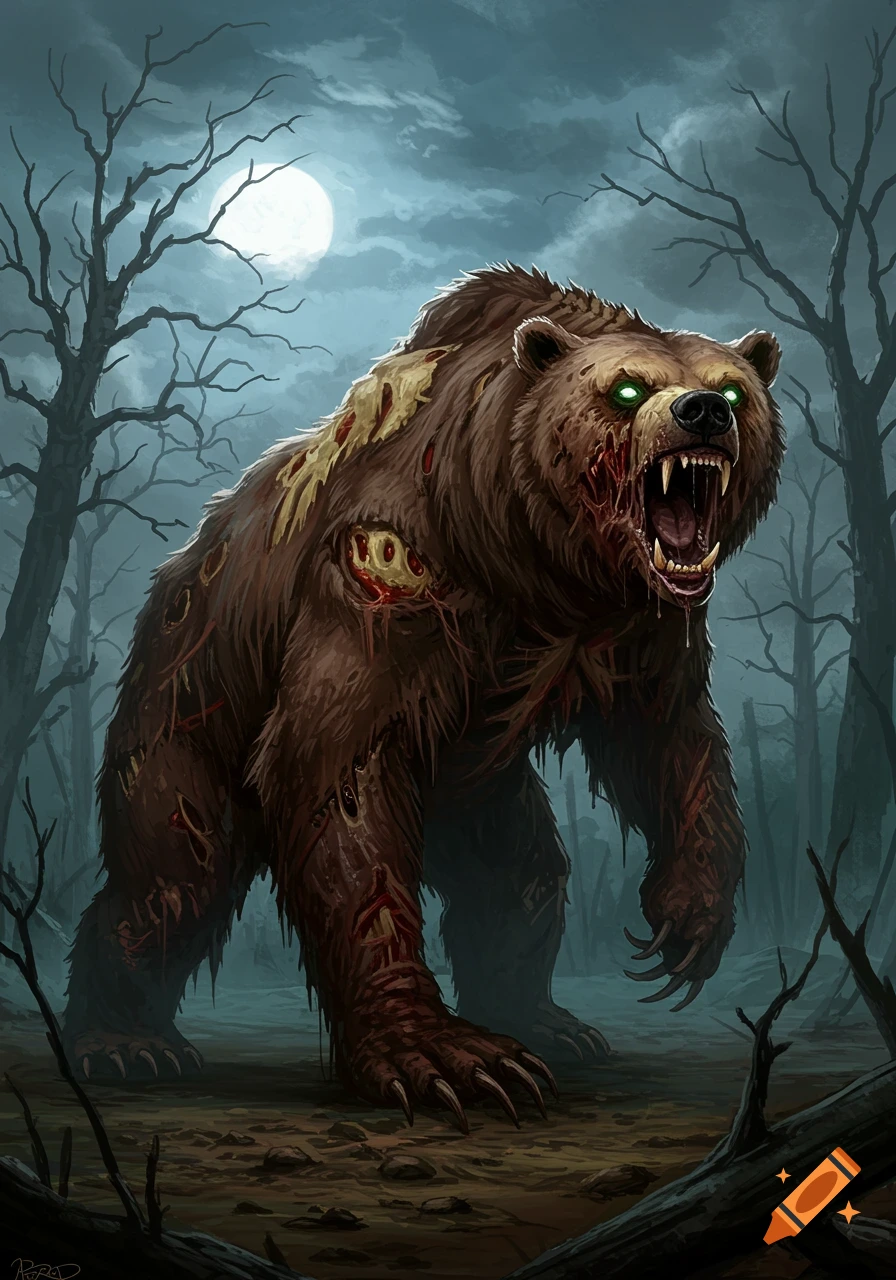 A terrifying zombie bear with glowing green eyes and exposed wounds stands in a desolate, moonlit forest, drawn in a dark fantasy style.