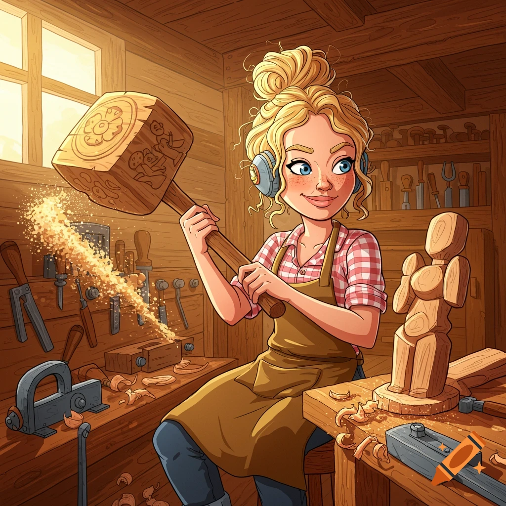 Blonde female with messy bun in a woodworking shop, holding a mallet and carving wood, caricature style.