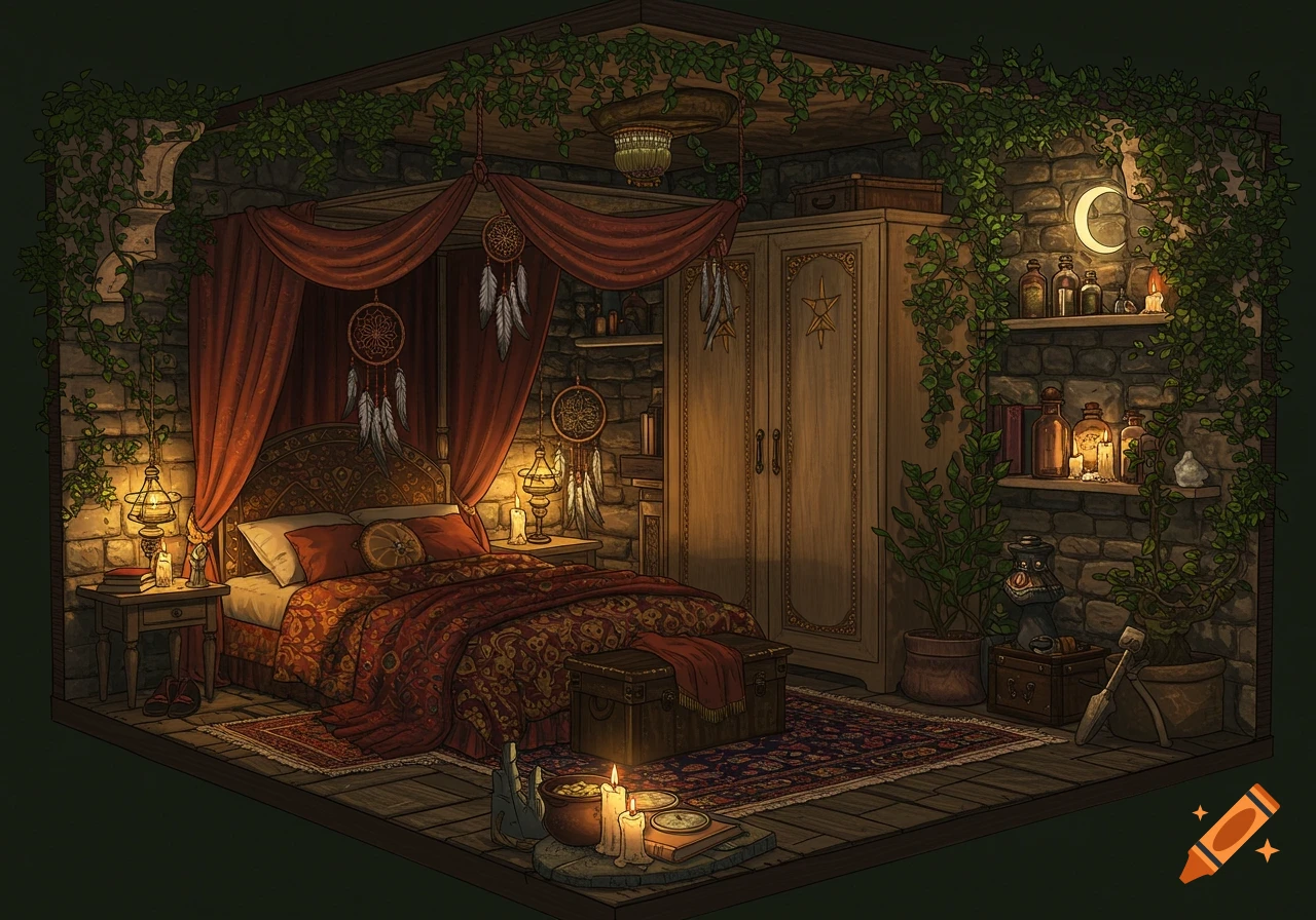 An isometric, cozy, witchy bedroom with a canopy bed, red drapes, dreamcatchers, a wooden wardrobe, brick walls covered in vines, shelves with bottles, and glowing lanterns and candles.