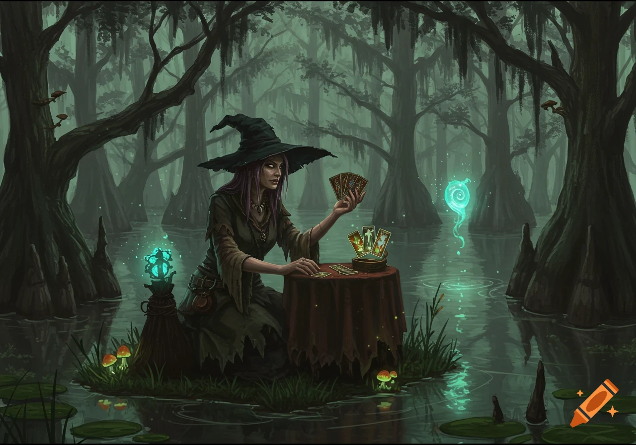 A witch in a dark, misty swamp sits by a small table, holding and reading tarot cards amidst glowing magic.