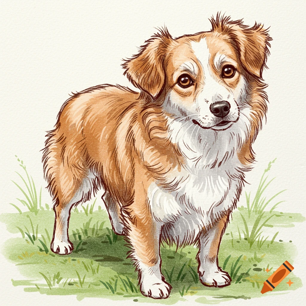 A watercolor illustration of a fluffy brown and white dog standing in green grass.