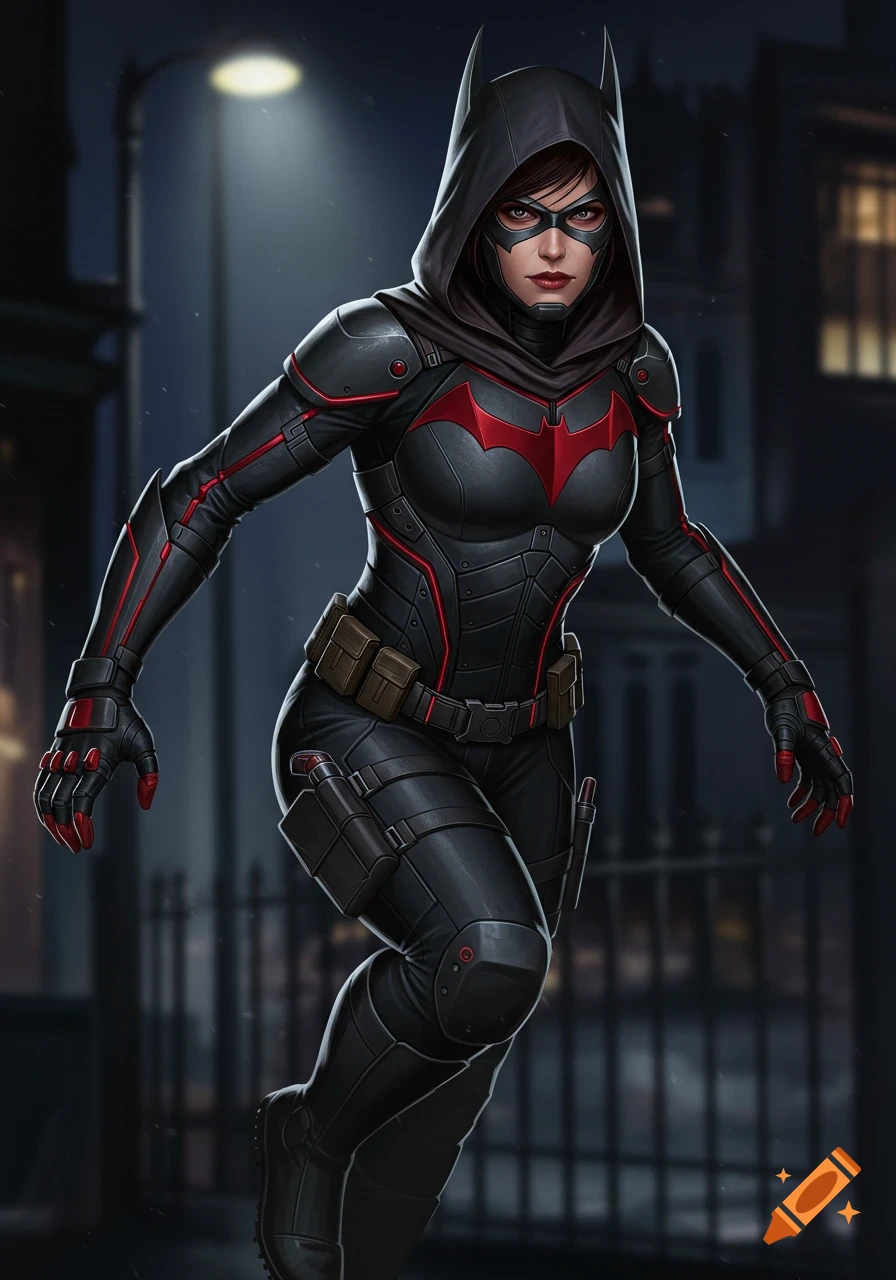 Female superhero in a black tactical suit with red accents, a hooded mask, and a bat-wing symbol, crouching on a dark city street at night.