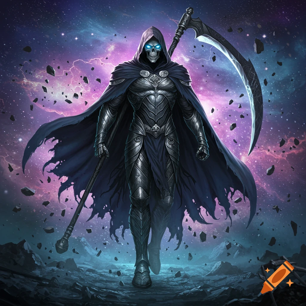 A hooded Grim Reaper in dark armor with glowing blue eyes holds a large scythe, standing on a rocky ground under a vibrant purple and blue cosmic sky with floating debris.