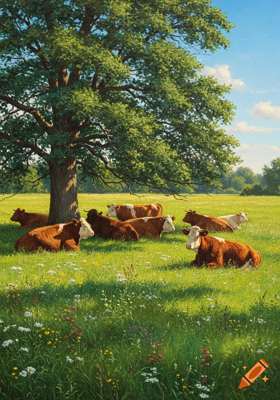 Several brown and white cows rest in a sun-dappled green pasture with wildflowers under a large oak tree.