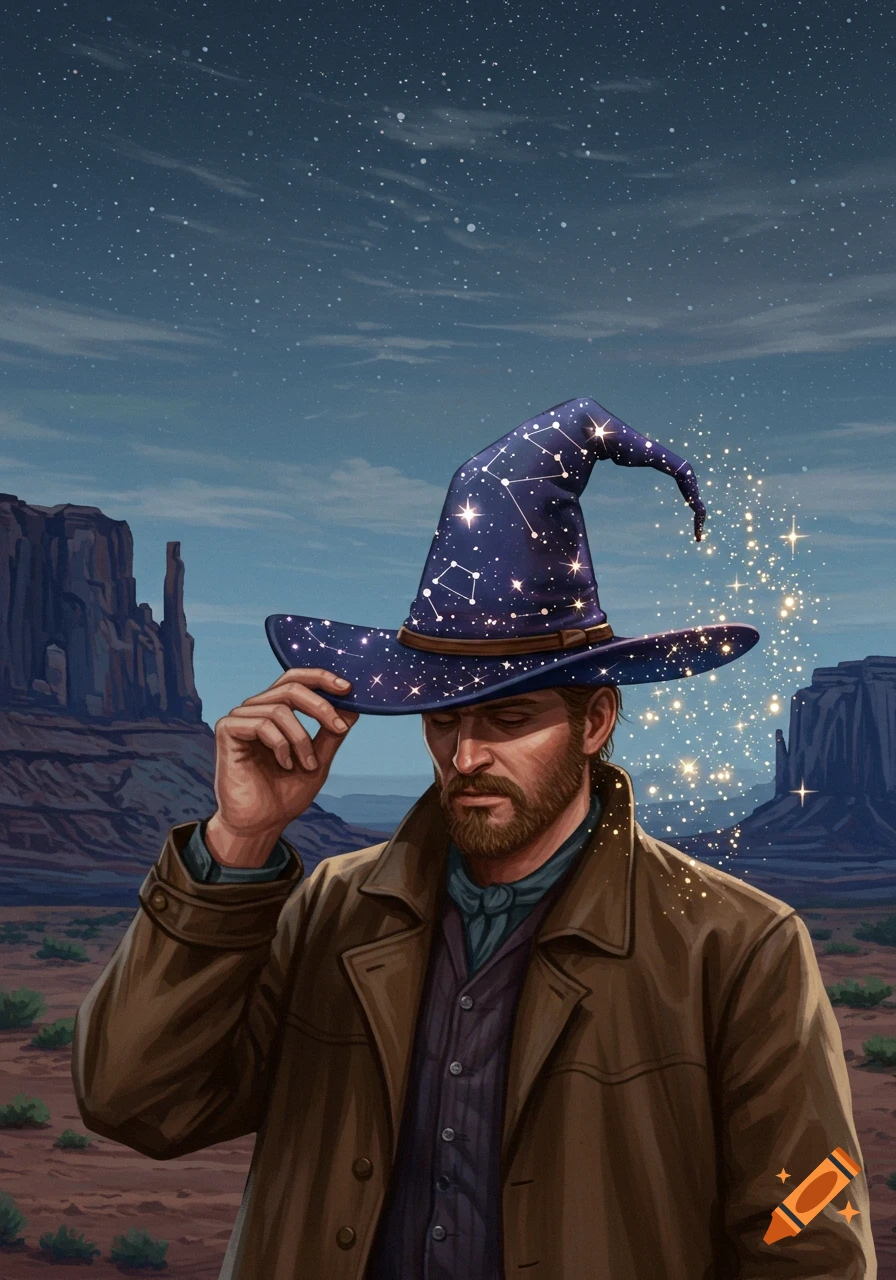A man with a beard wearing a brown coat and a cosmic wizard hat with stars in a desert landscape.