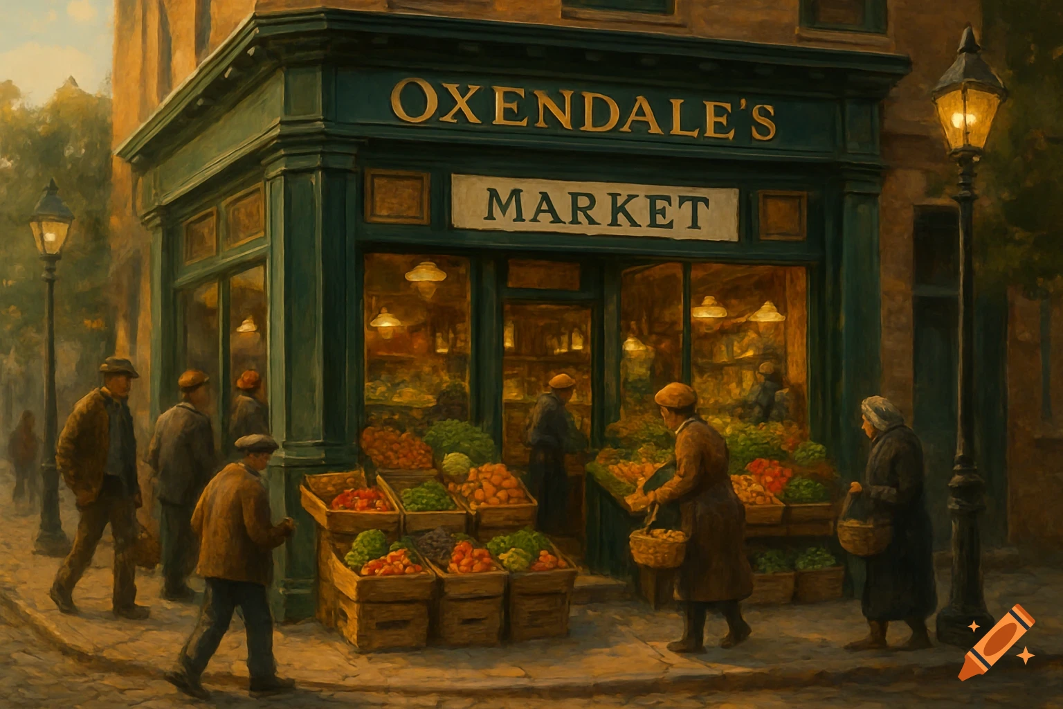 A painterly scene of people outside Oxendale's Market, a green-fronted grocery store with produce crates on the street.