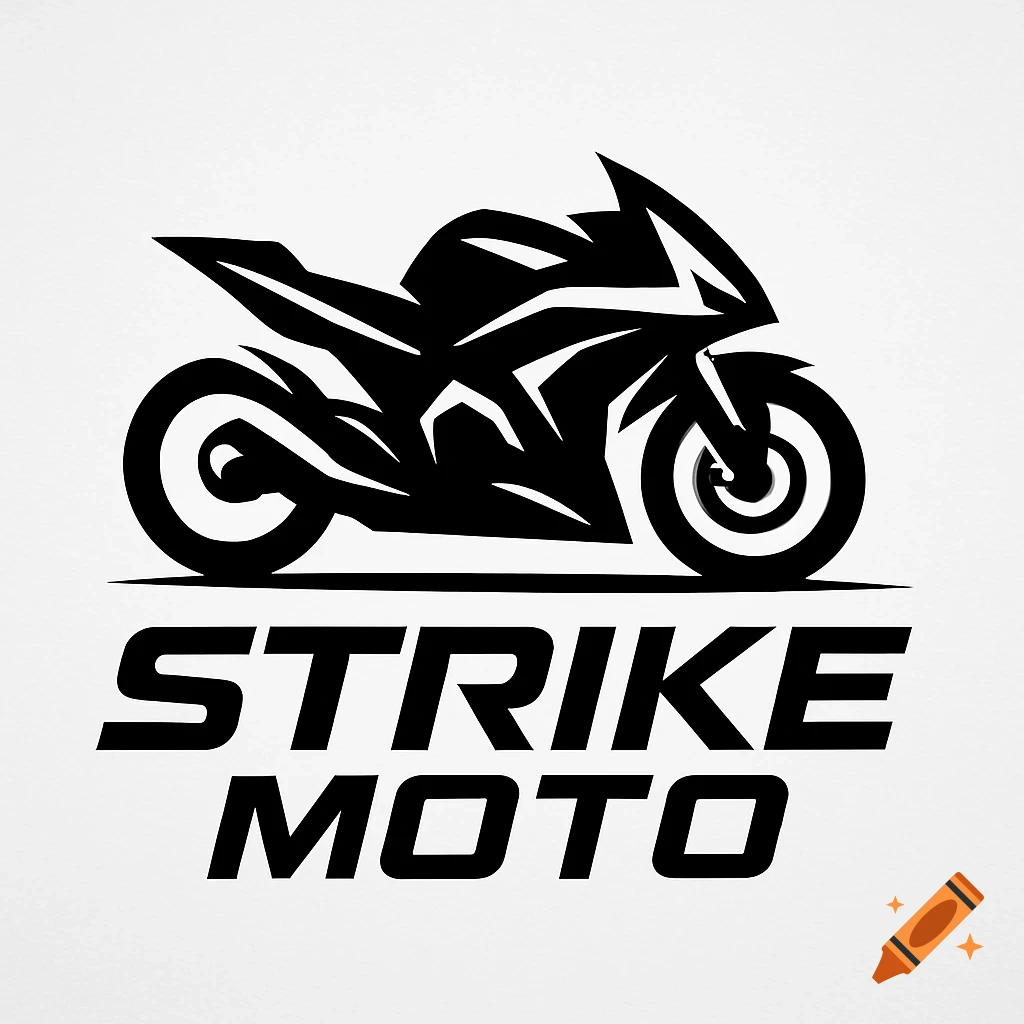 A black and white logo featuring a stylized motorcycle silhouette above the text "STRIKE MOTO".