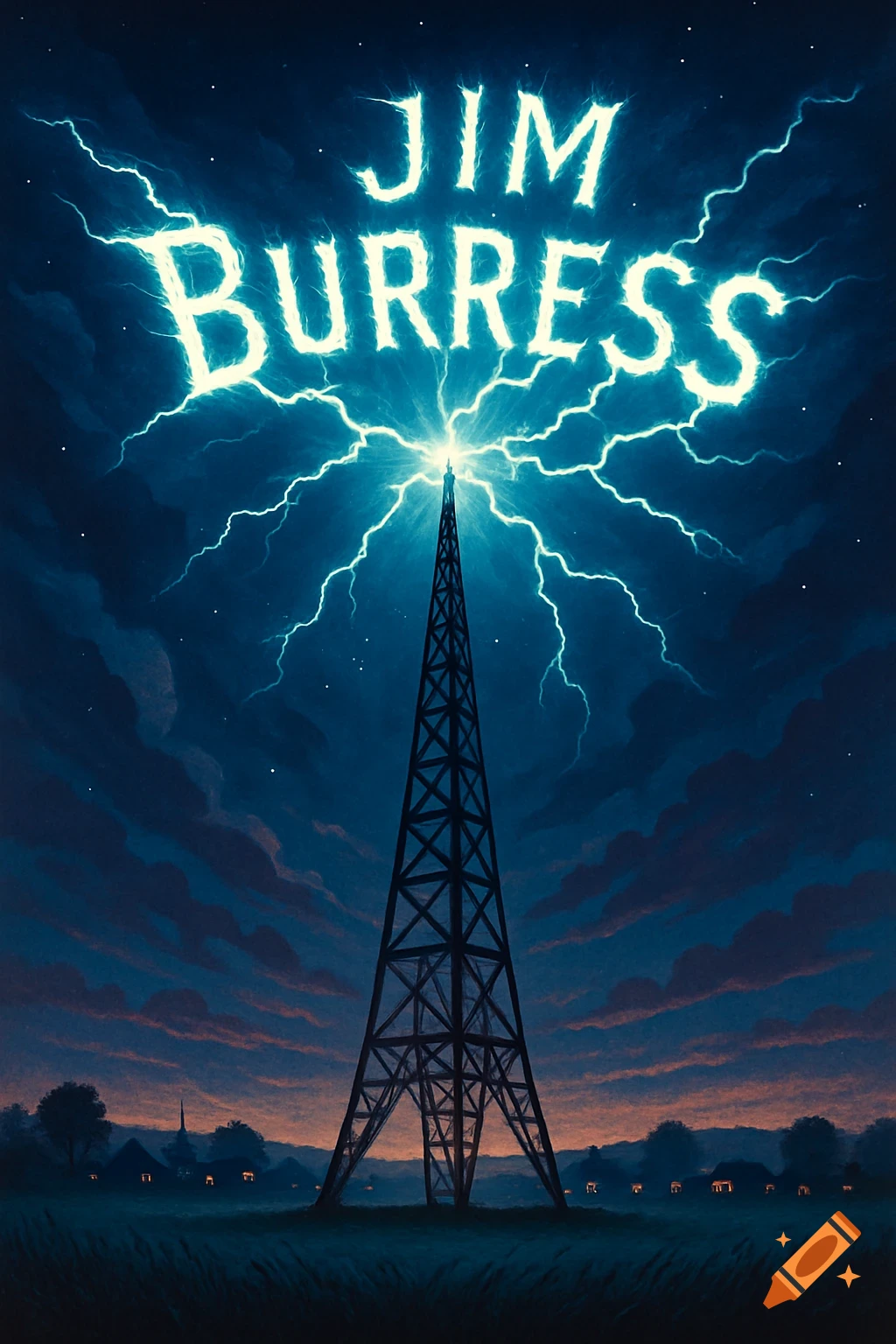 Illustration of a radio tower at night with glowing blue lightning forming the name 'JIM BURRESS' above it, over a small village.