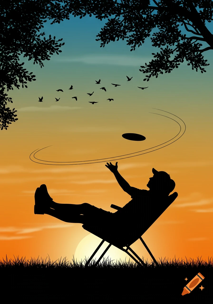 Silhouette of a person in a recliner throwing a disc at sunset with birds flying.