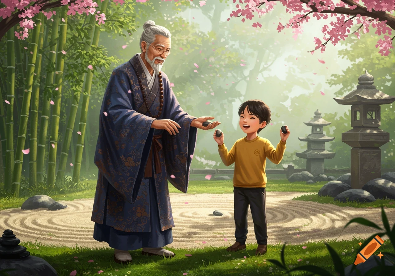 An elderly Asian teacher and a smiling young student exchanging pebbles in a lush Japanese garden with bamboo and cherry blossoms, in digital art style.