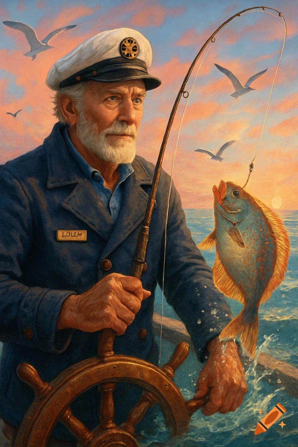 Painting of an old bearded boat captain holding a fishing rod with a caught fish, steering a ship at sunset. Seagulls fly overhead.