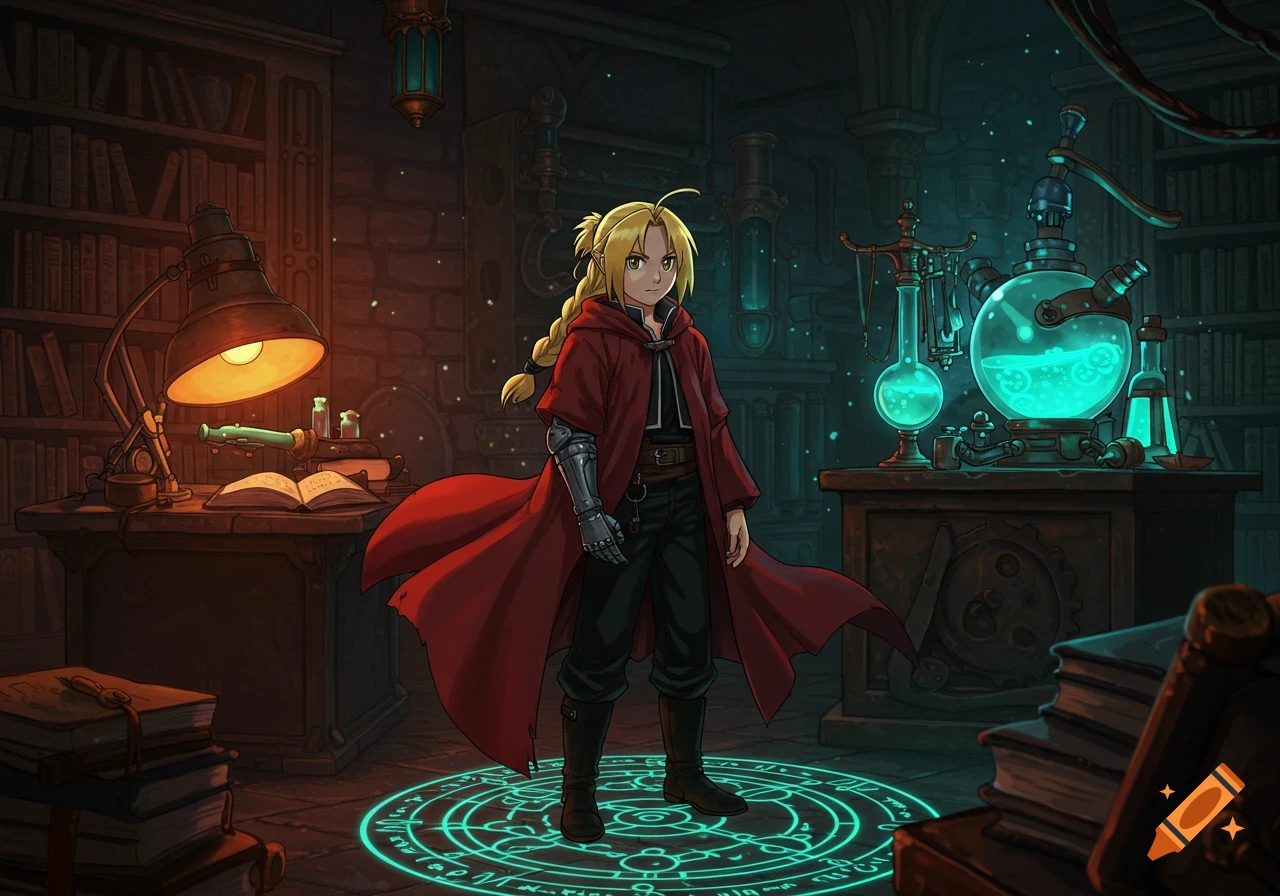 An anime character, Edward Elric, stands in a dark, glowing alchemist's laboratory with bookshelves and bubbling beakers.