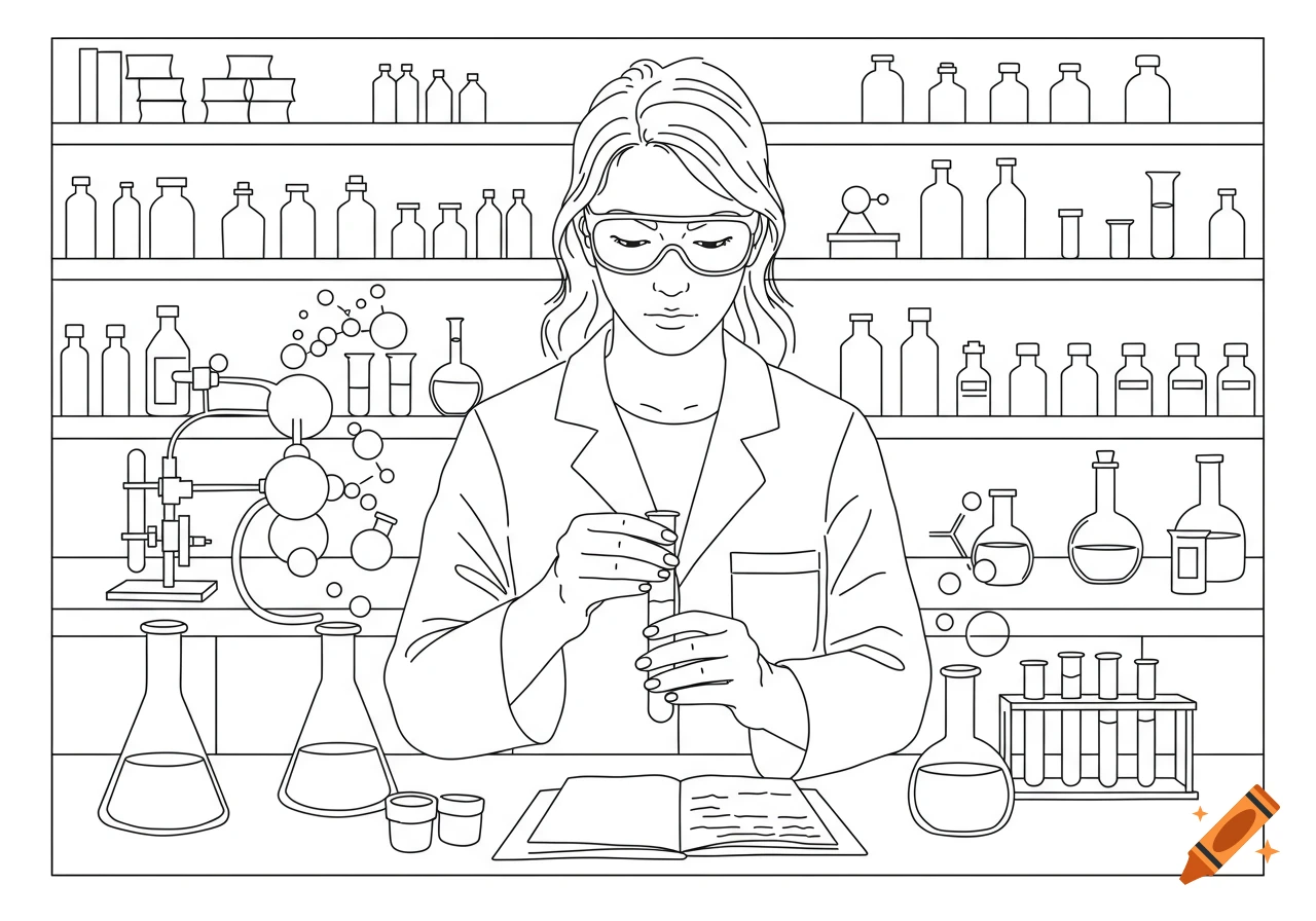 Black and white line art of a woman scientist wearing safety goggles, holding a test tube in a chemistry lab.