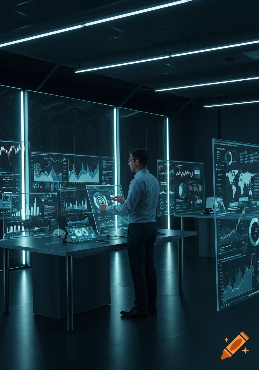 Man interacting with glowing holographic screens displaying data and charts in a dark, futuristic tech room, photorealistic.