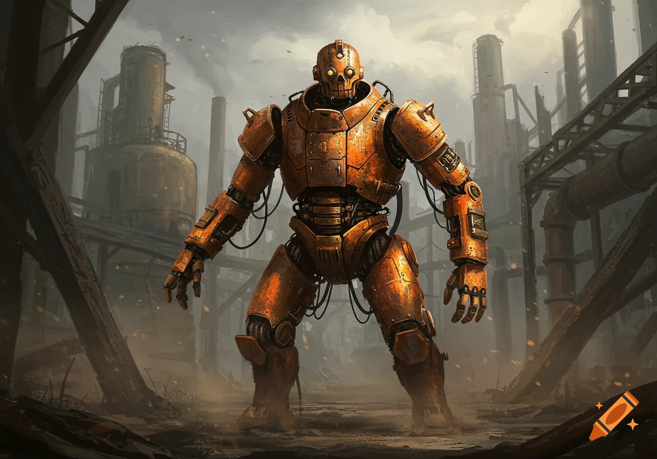 A rusty, orange-brown robot stands in a desolate industrial wasteland under a hazy sky.