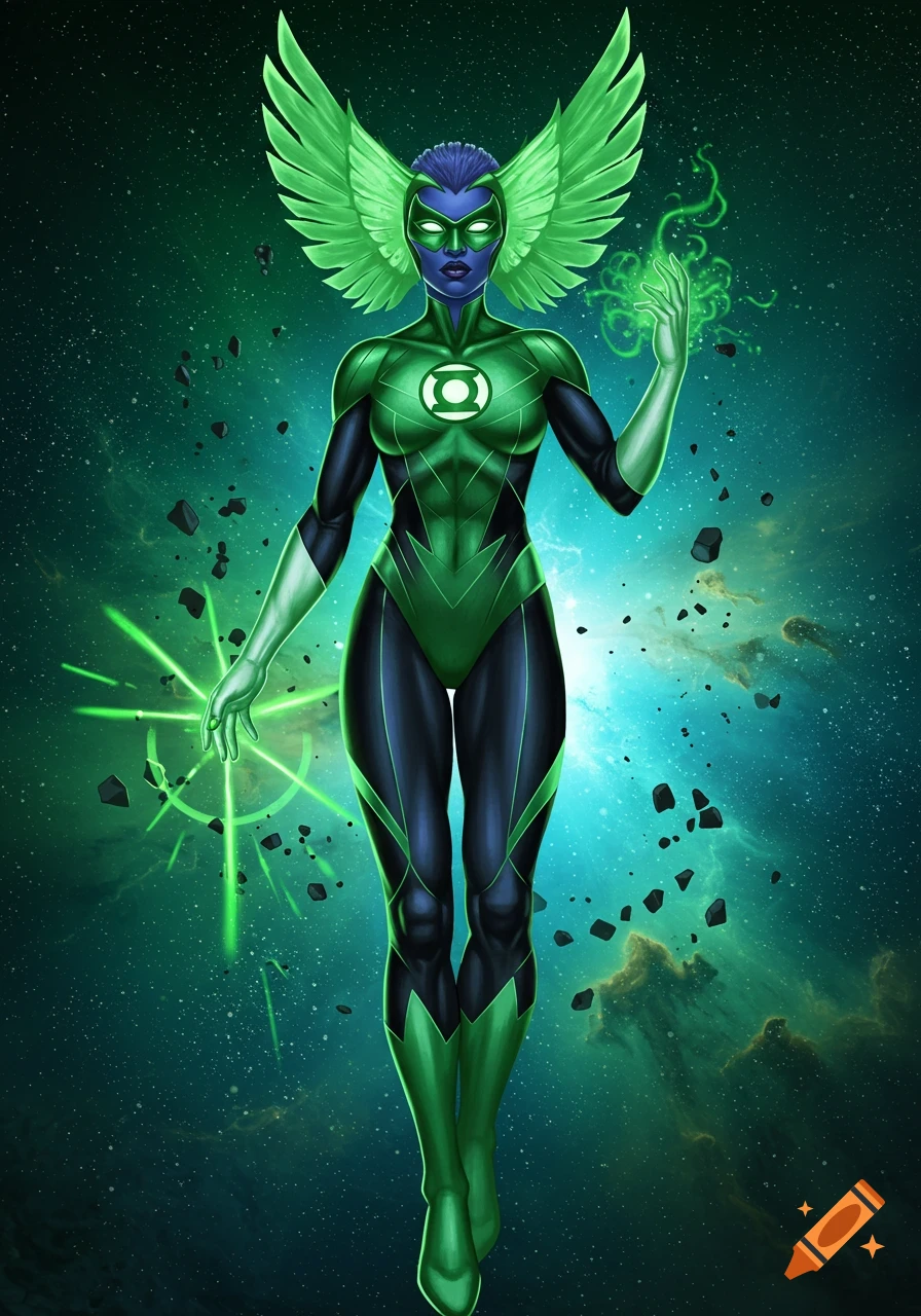 A female Green Lantern-inspired character with indigo skin and green energy wings floats in space.
