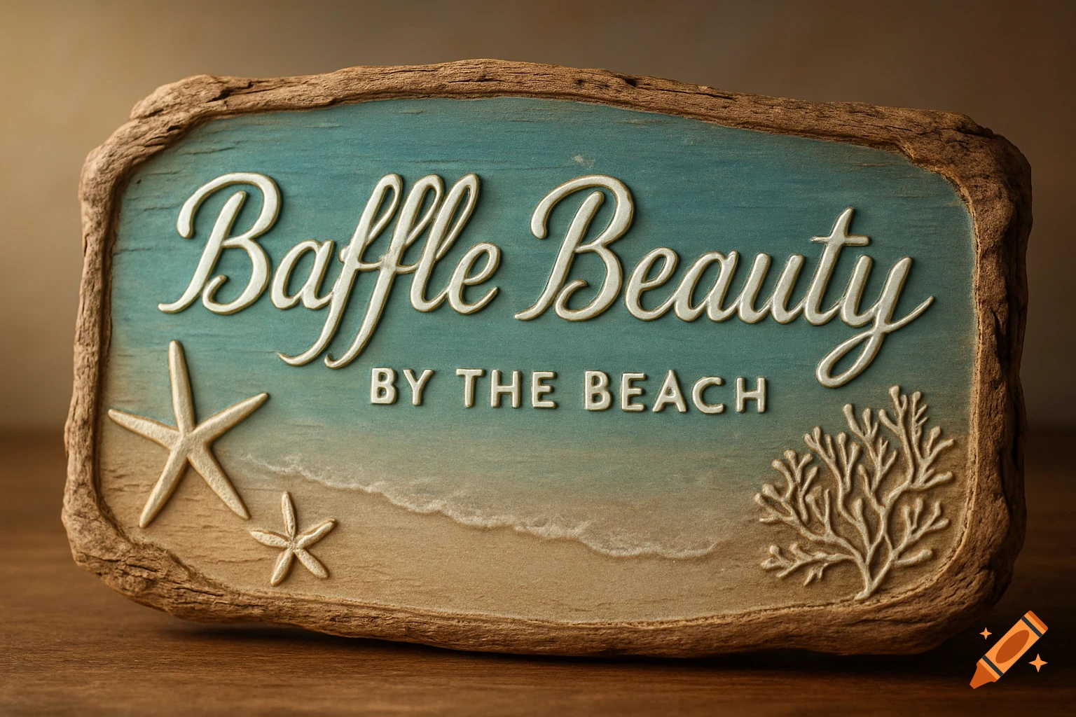 A rustic wooden sign with "Baffle Beauty BY THE BEACH" in script and block letters, featuring two starfish and coral on a sand and sea background.